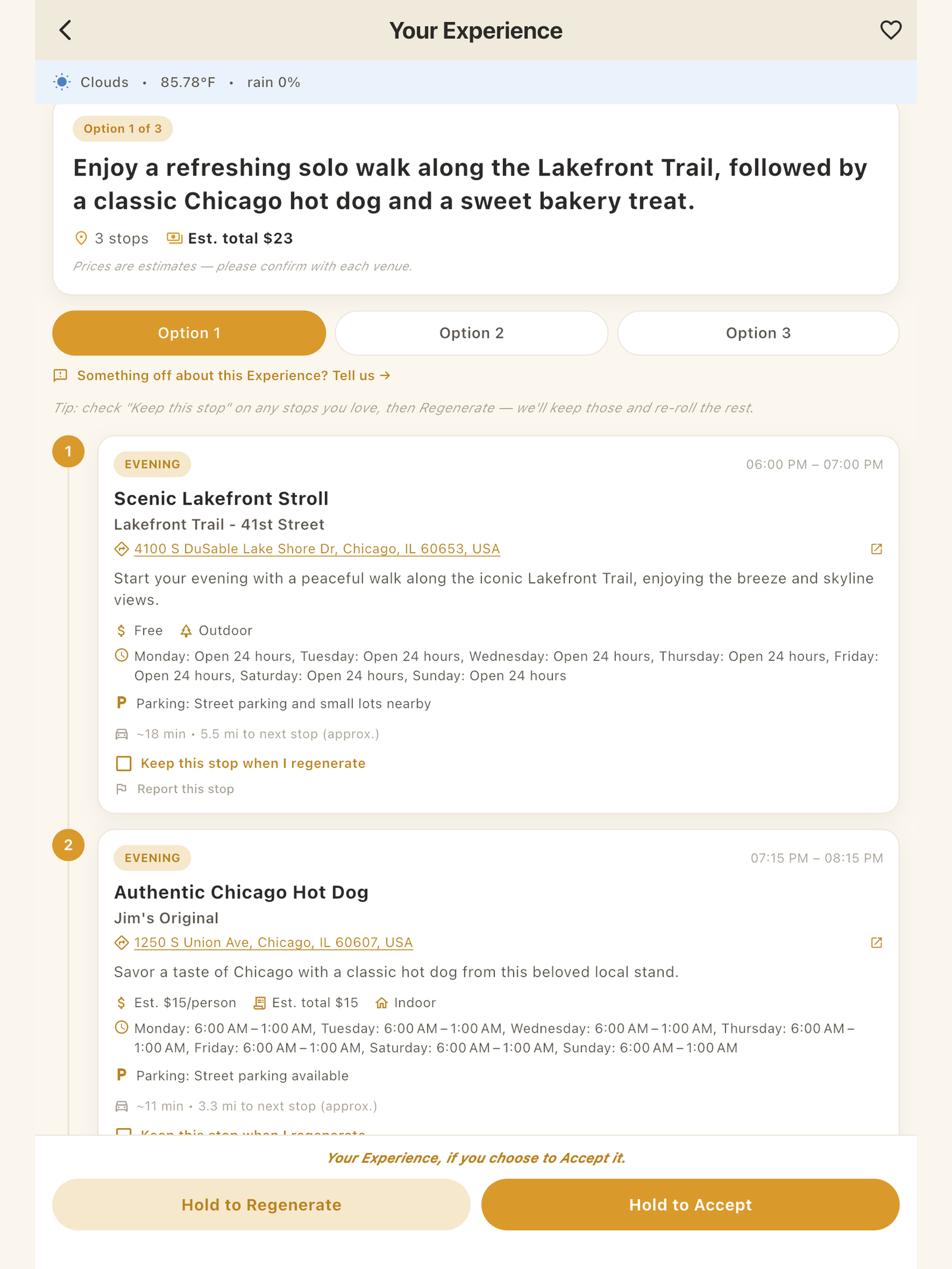 SponDater — Your Experience screen showing a planned outing